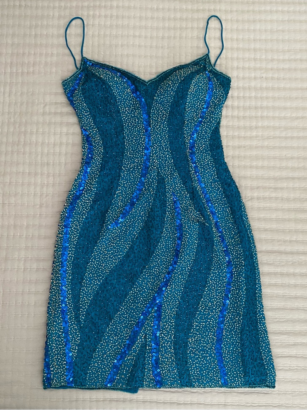 VTG Rare Scala Silk Dress 90s Y2K Beaded Blue Low Back Prom Bodycon Glam Formal